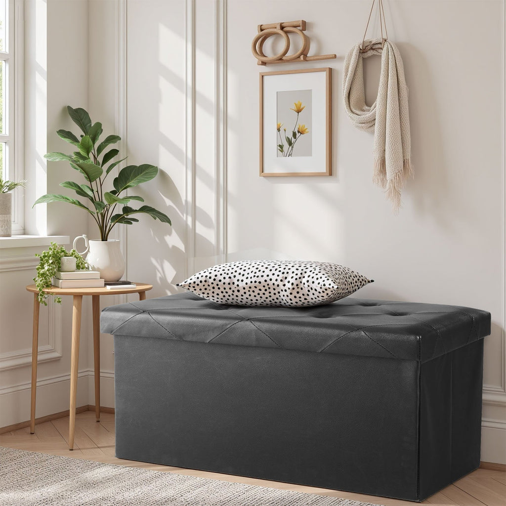 ACCVER 30" Storage Bench - Faux Leather Foldable Ottoman Upholstered Entryway Bench, 400lbs Large End of Bed Bench with Storage Chest for Bedroom, Living Room, Black