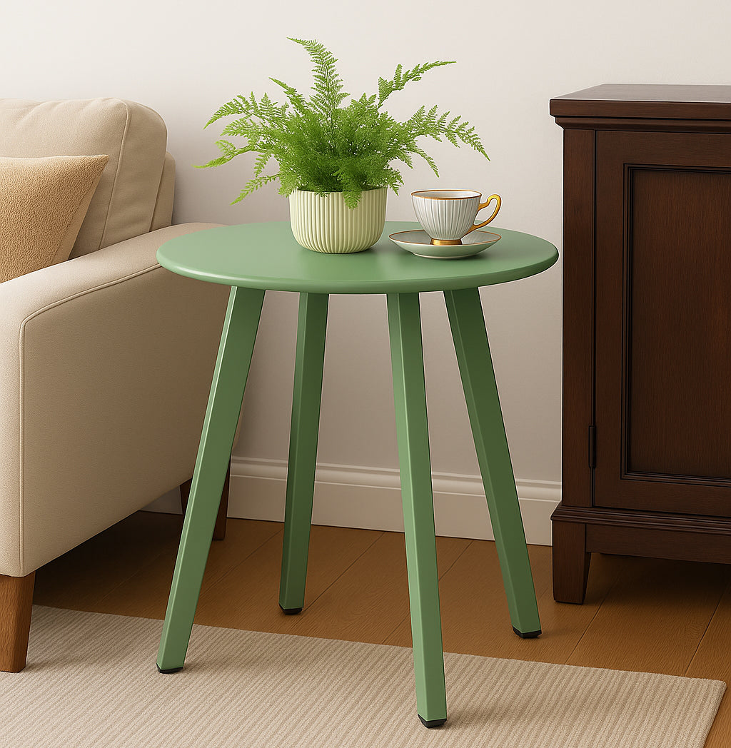 LIFERECORD Small Side Table – Indoor & Outdoor Steel Powder Coated Round Patio Table with Square Legs for Patio, Living Room, Bedroom, Green