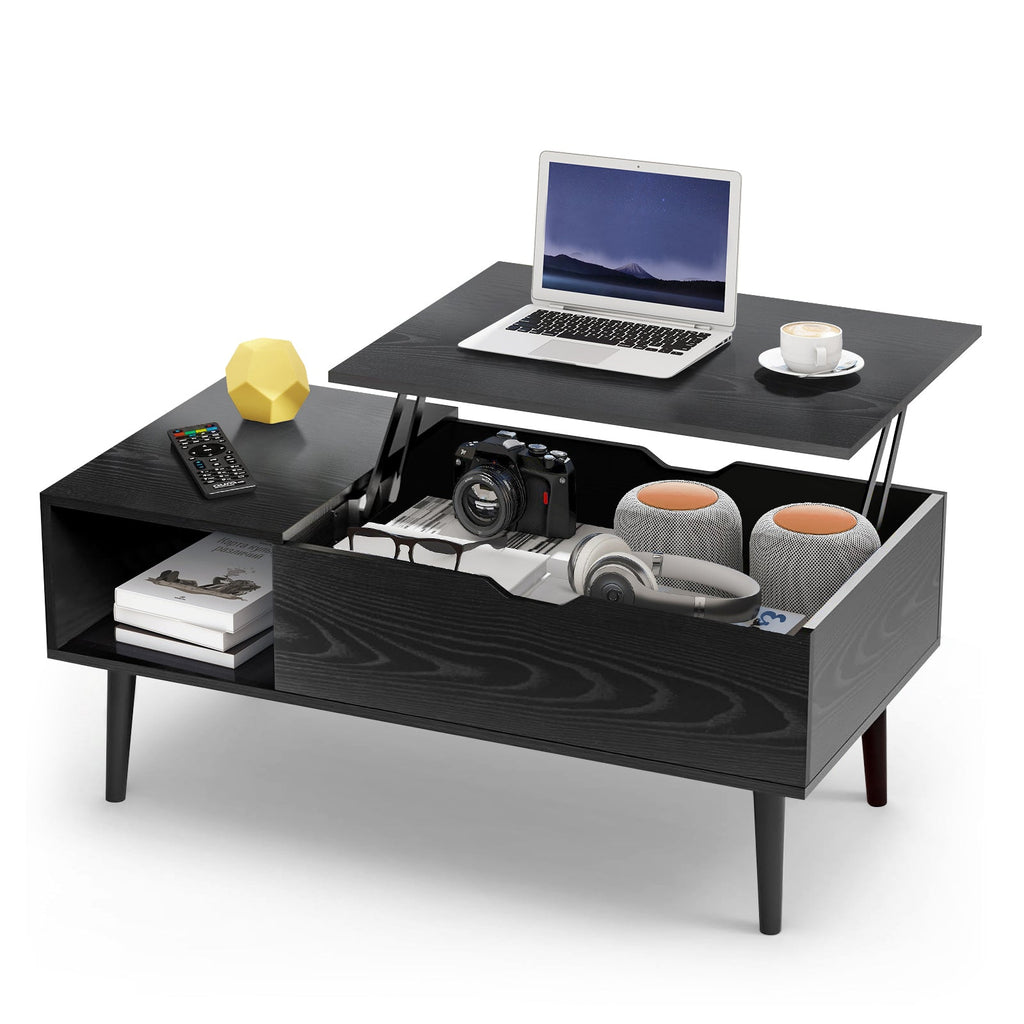LIFERECORD Lift Top Coffee Table with Hidden Compartment, Wooden Center Tables with Storage Shelf for Living Room, Reception Room, Classic Black