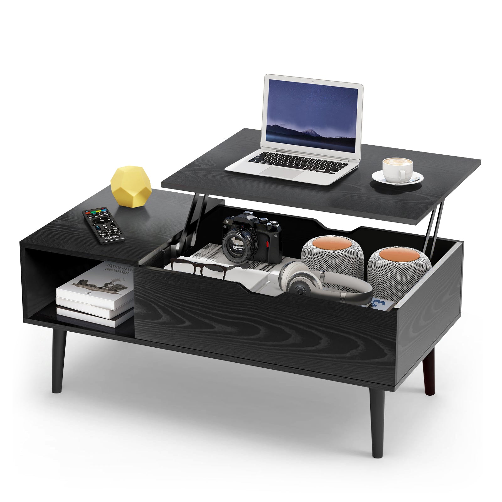 LIFERECORD Lift Top Coffee Table with Hidden Compartment, Wooden Center Tables with Storage Shelf for Living Room, Reception Room, Classic Black