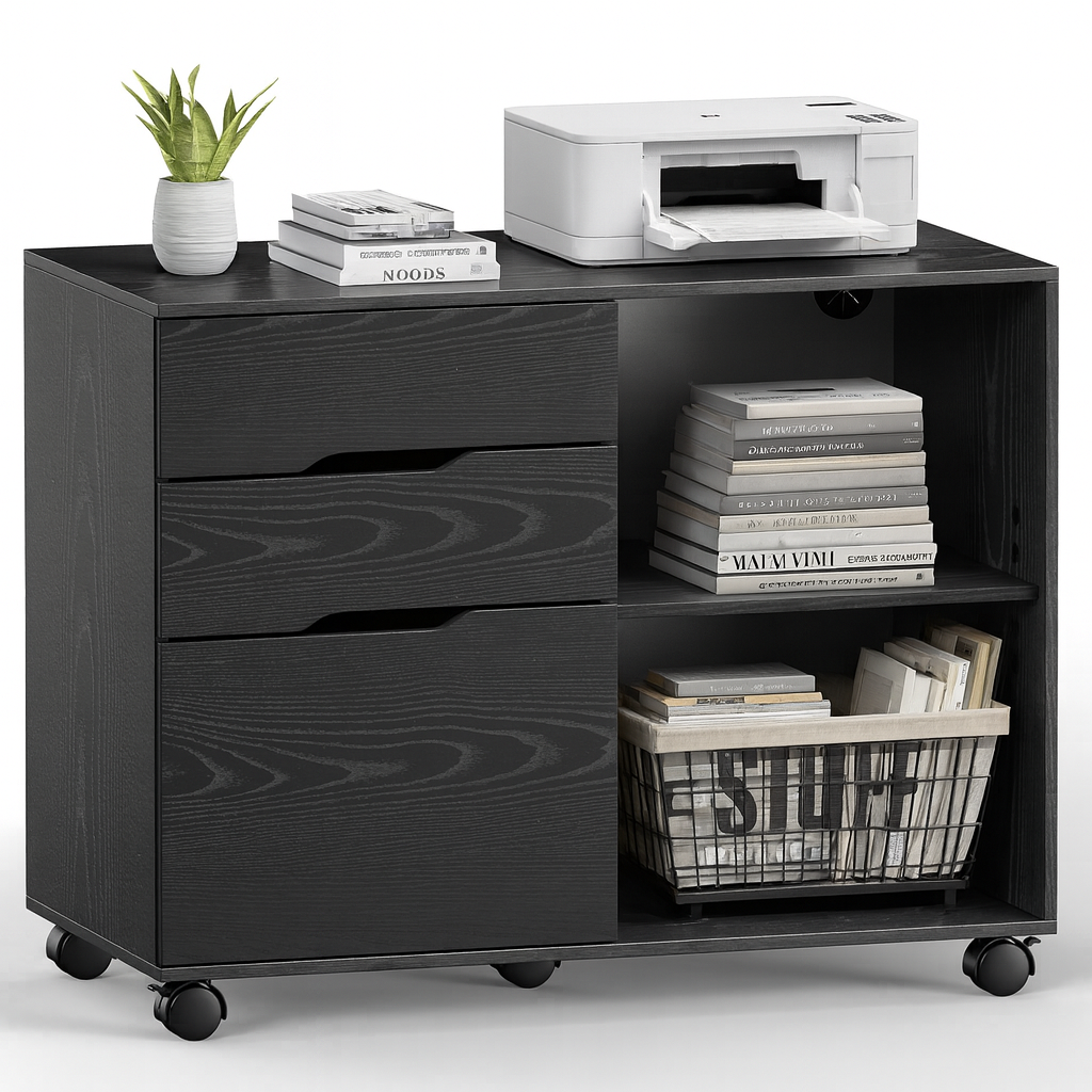 LIFERECORD 3-Drawer Lateral File Cabinet with Wheels, Mobile Rolling File Cabinet with Adjustable Shelf, Printer Stand for Home Office, Under Desk Storage Organizer, Wood Filing Cabinet Black