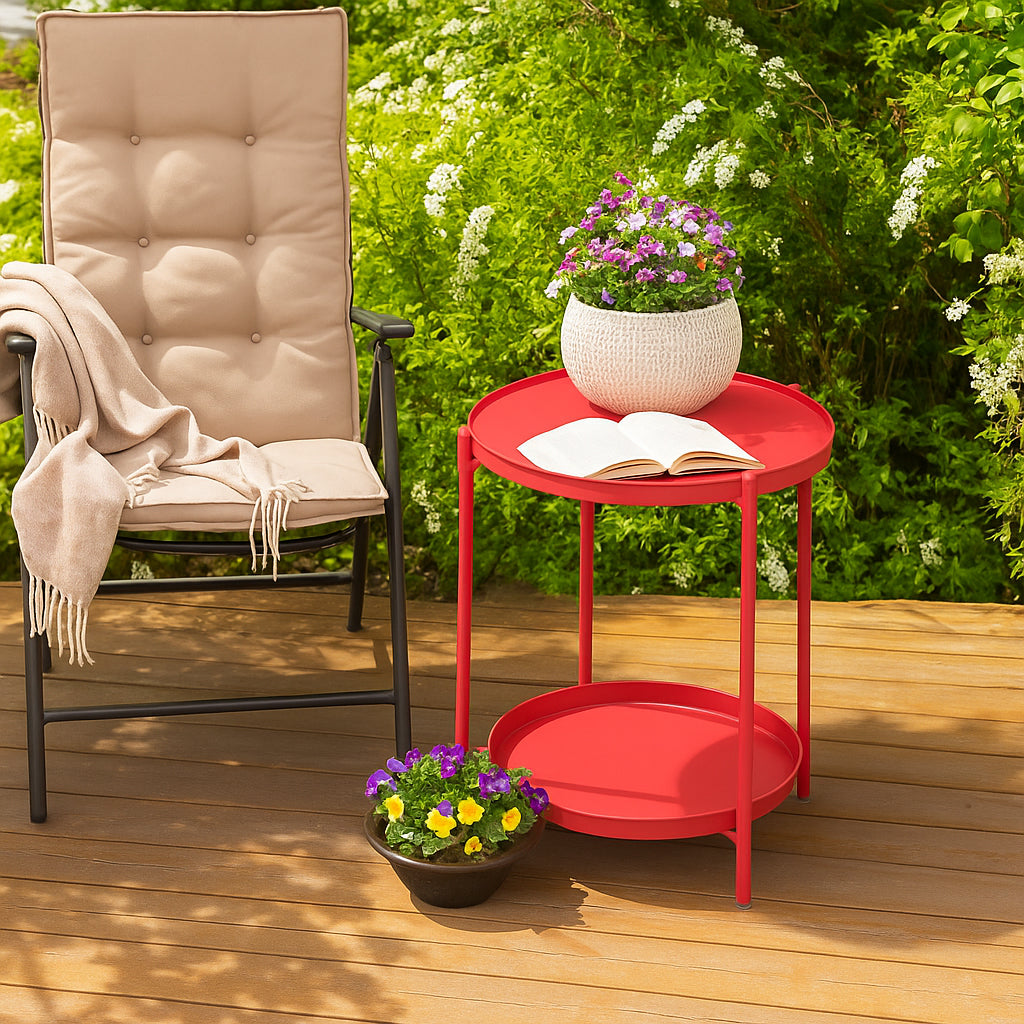 LIFERECORD 2-Tier Round Metal End Table with Removable Tray – Small Space-Saving Side Table for Living Room, Bedroom, Balcony, Patio, Red