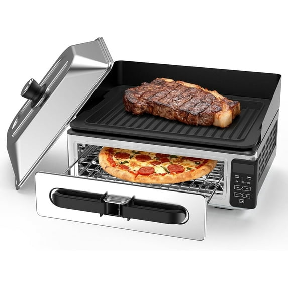 2-in-1 Electric Countertop Grill Oven, Indoor Grill and Oven Combo with Baking Trays and Crumb Tray