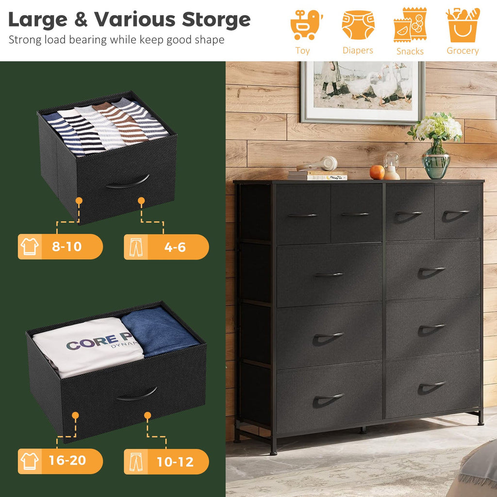 LIFERECORD 10 Drawers Dresser, Fabric Closet Chests Storage Organizer Tower with Wooden Top Metal Frame for Bedroom Living Room Hallway Entryway, Black