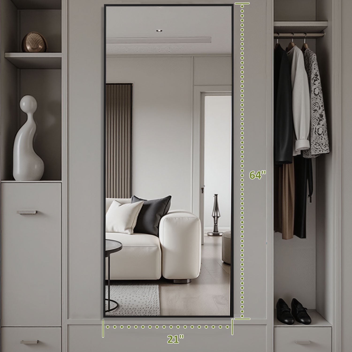 ACCVER 21"x64" Full Length Mirror - Classic Standing Mirror, Durable Aluminum Frame & Tempered Glass, Lean-to or Wall Mount for Bedroom/Dressing Room/Living Room, Rectangle, Black
