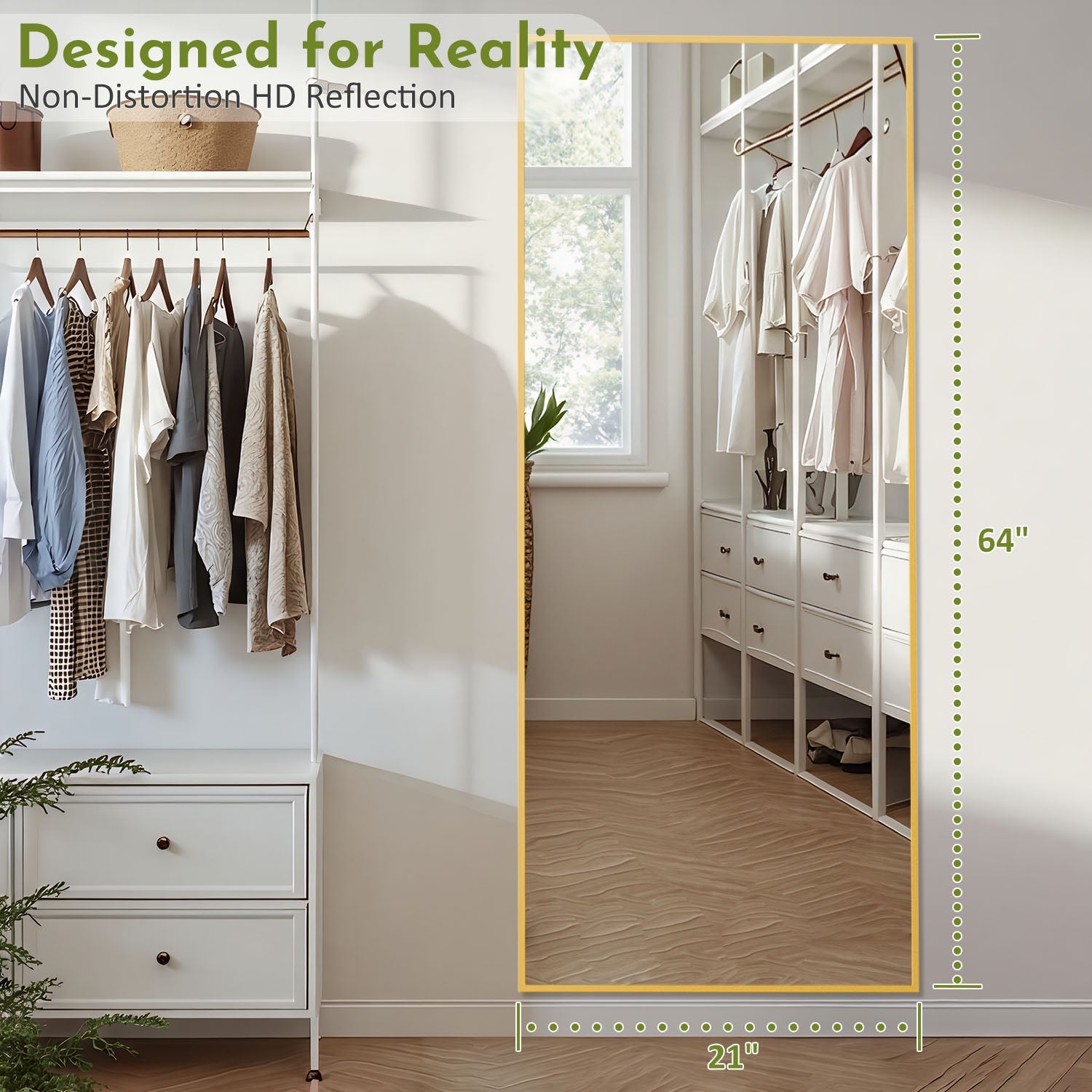 ACCVER 21"x64" Full Length Mirror - Classic Standing Mirror, Durable Aluminum Frame & Tempered Glass, Lean-to or Wall Mount for Bedroom/Dressing Room/Living Room, Rectangle, Gold