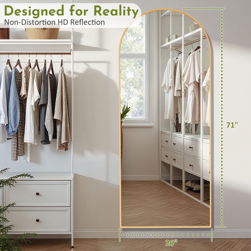 ACCVER 26"x71" Full Length Mirror - Classic Standing Mirror, Durable Aluminum Frame & Tempered Glass, Lean-to or Wall Mount for Bedroom/Dressing Room/Living Room, Arhced, Gold