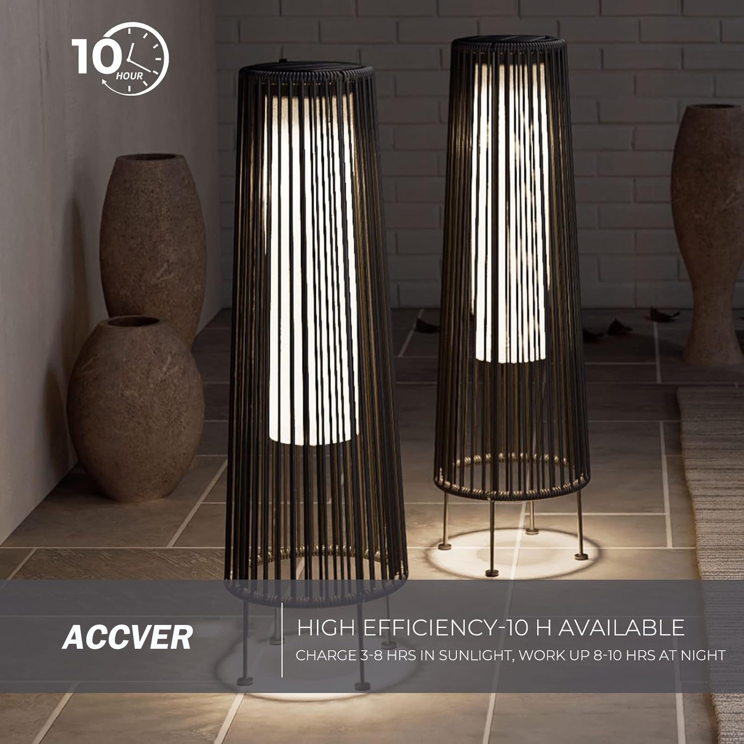 ACCVER Outdoor Floor Lamp 2-Pack, All-Weather Wicker Outdoor Solar Floor Lights, Waterproof, Gray