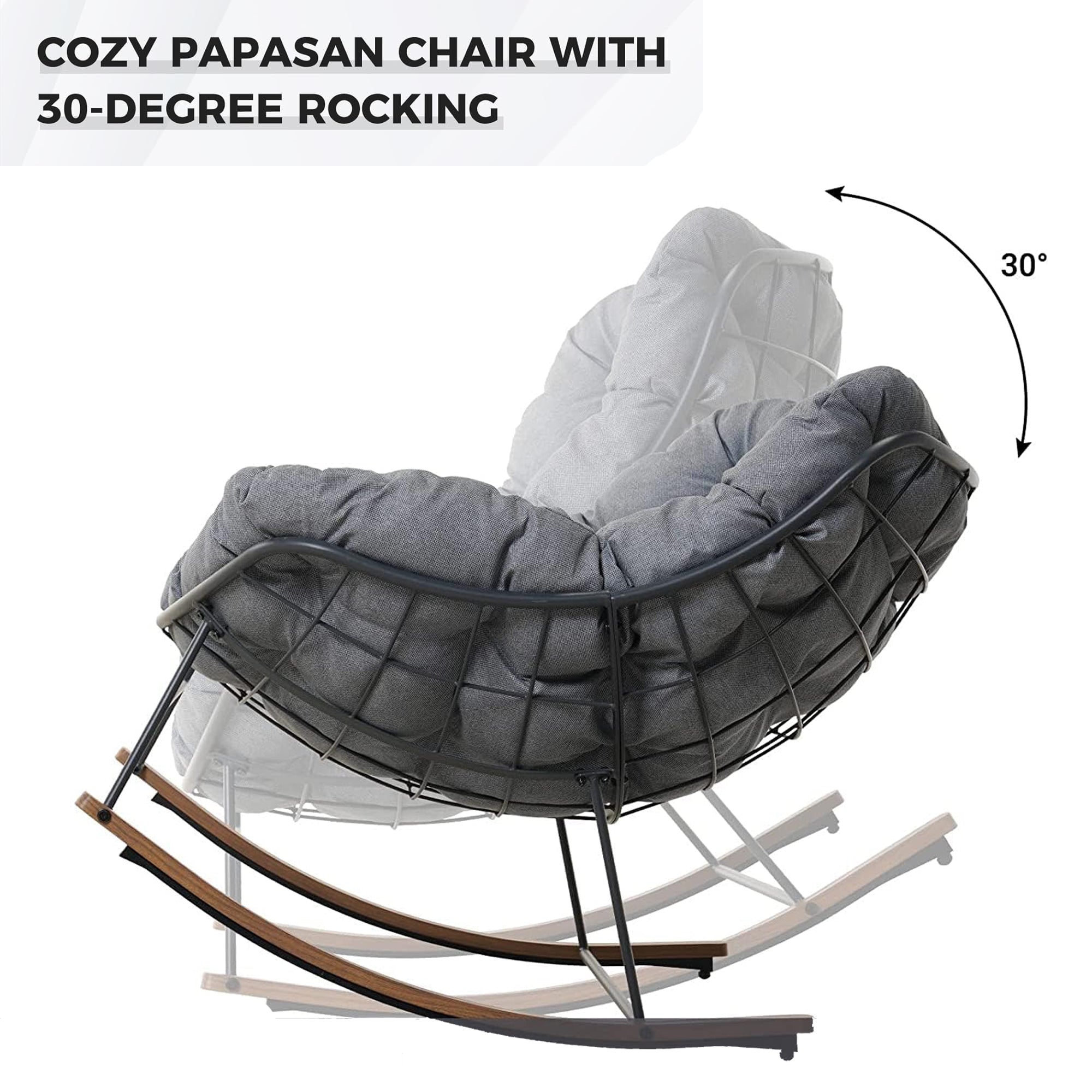Outdoor Rocking Chair E-Coated Rocking Chair with Cushion Outdoor Rocker Recliner Chair for Patio Porch Garden Backyard, Gray