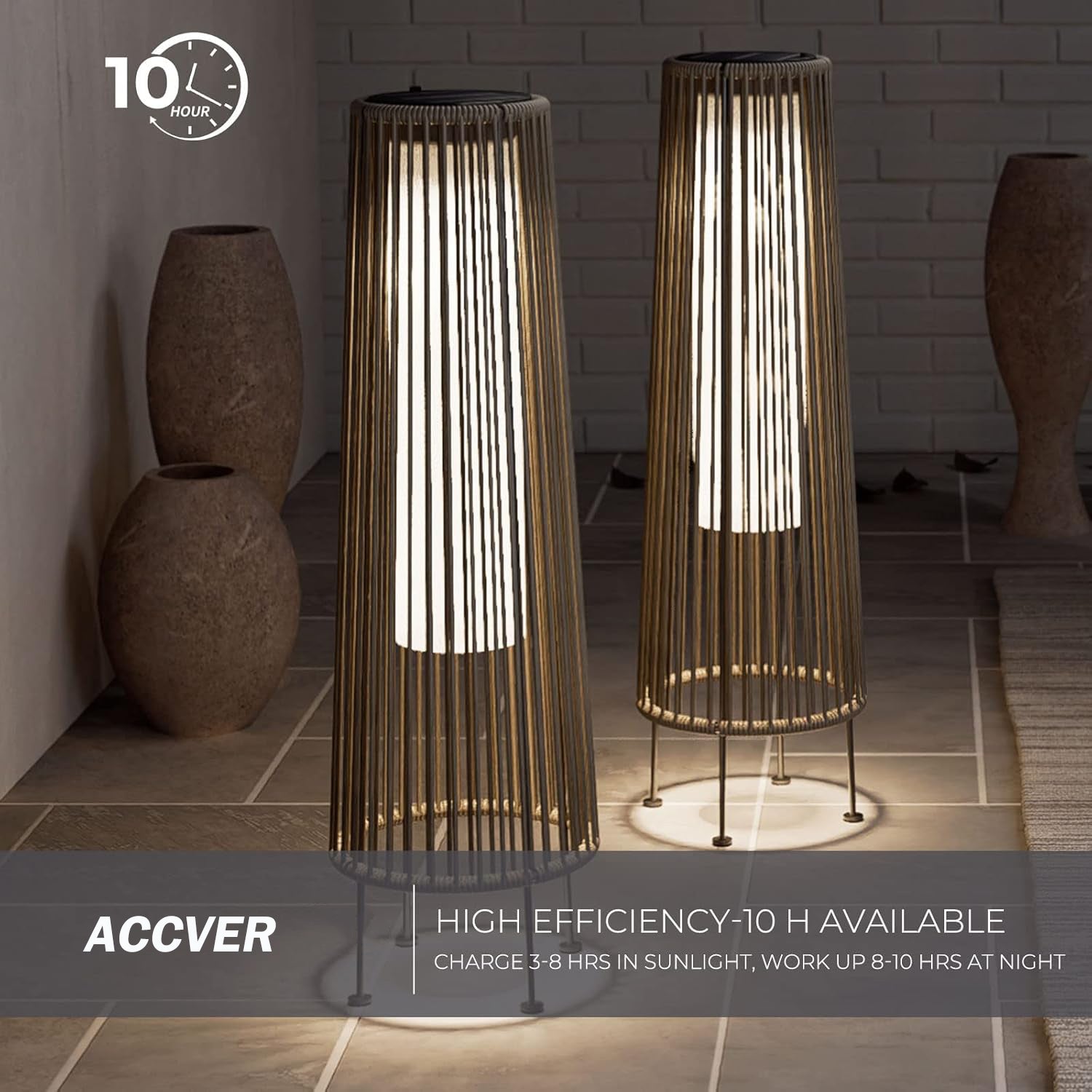 ACCVER Outdoor Floor Lamp 2-Pack, All-Weather Wicker Outdoor Solar Floor Lights, Waterproof, Light Brown