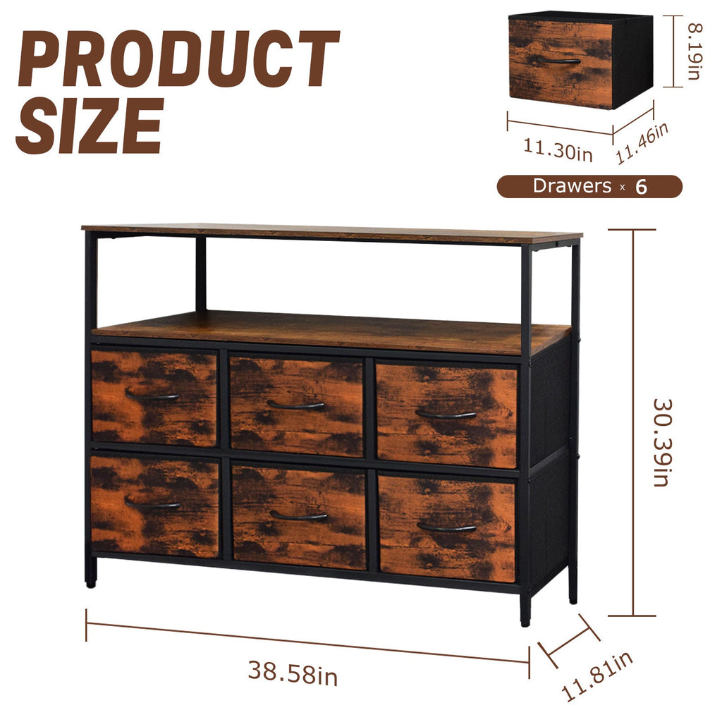 ACCVER 6-Drawer Dresser with Shelves, TV Stand with Fabric Drawers for Living Room, Closet and Chest for Bedroom & Apartment, Clothes Storage Organizer, Brown