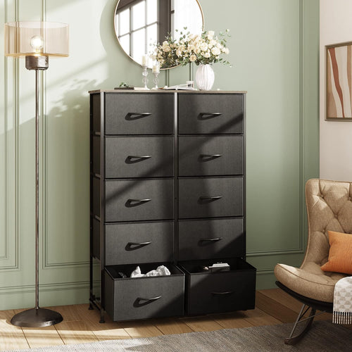 ACCVER 10-Drawer Fabric Dresser with Wood Top & Metal Frame, Closet and Chest for Bedroom, Clothes Storage Organizer, for Living Room, Apartment,Black