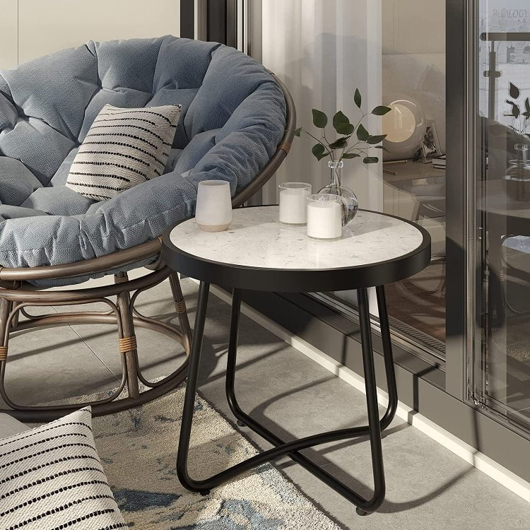 LIFERECORD Outdoor Patio 20-inch Round Outdoor Side Table with Ceramic Tile Top, Weather Resistant Steel Patio End Table for Porch, Garden, Balcony, Creamy White