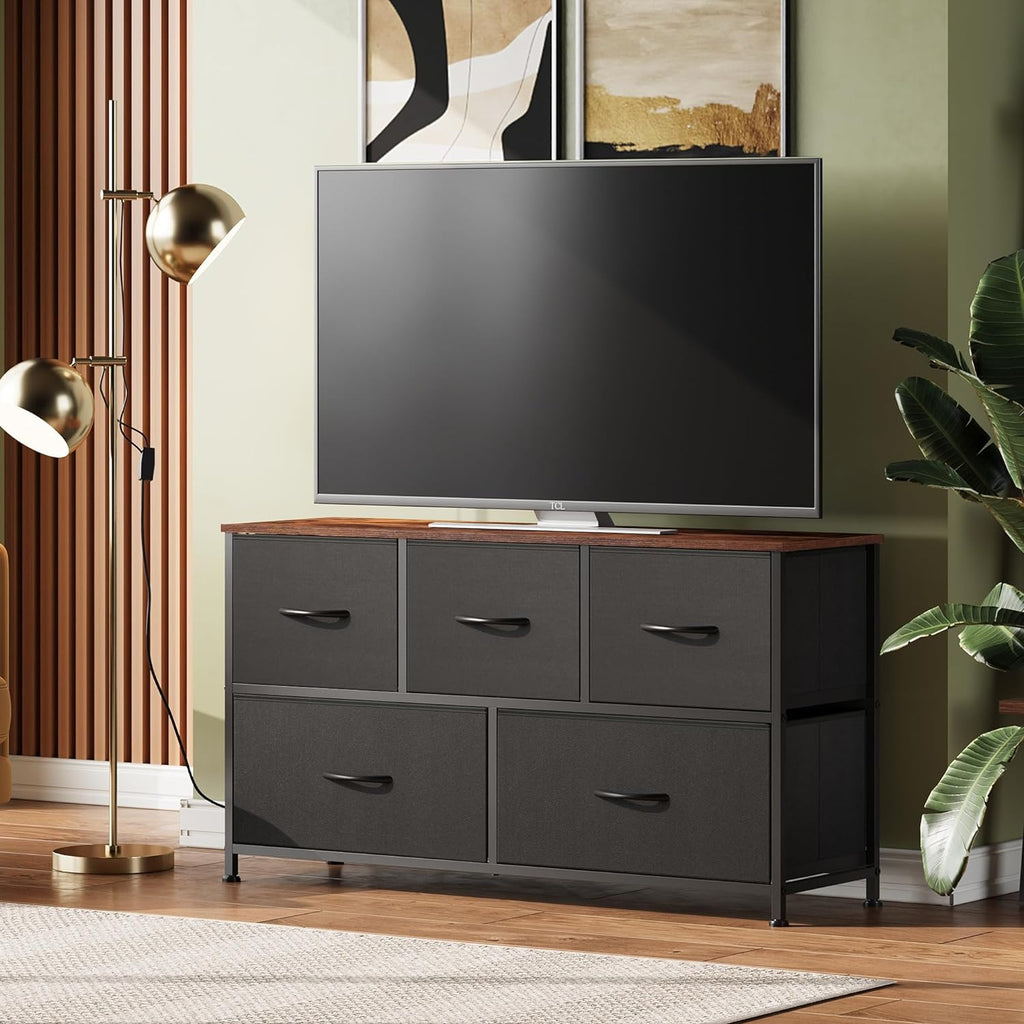ACCVER 5-Drawer Fabric Dresser for Bedroom, Wood Top TV Stand, Closet and Chest, Clothes Storage Organizer, for Living Room, Apartment, Black