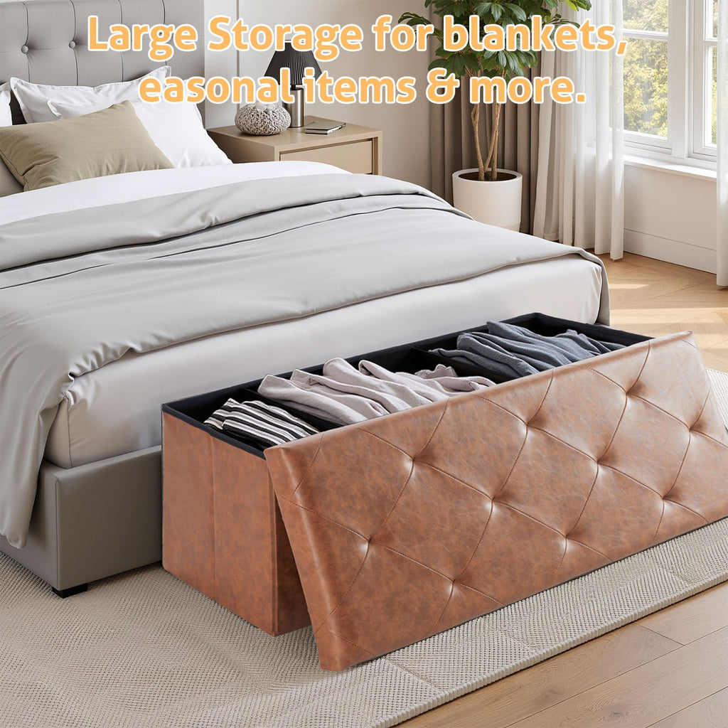 ACCVER 43" Storage Bench - Faux Leather Foldable Ottoman Upholstered Entryway Bench, 660lbs Large End of Bed Bench with Storage Chest for Bedroom, Living Room, Brown