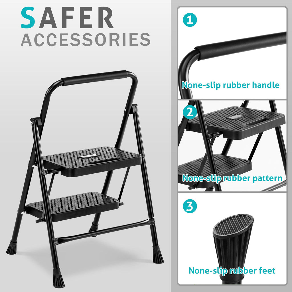 LIFERECORD Heavy Duty 800lbs 2-Step Folding Ladder, Sturdy Steel Step Stool with Wide Anti-Slip Pedals, Lightweight Portable Ladder for Home, Kitchen, Garage