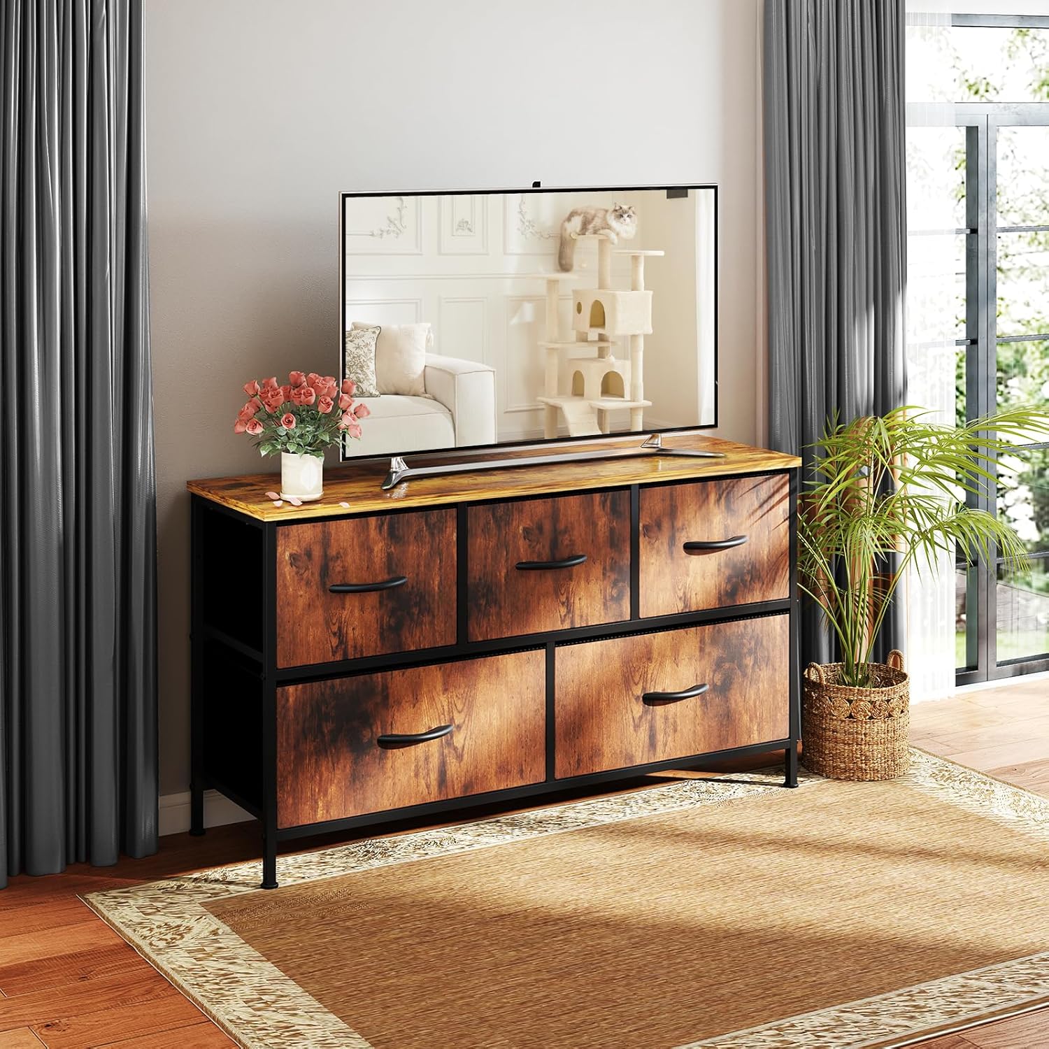 ACCVER 5-Drawer Fabric Dresser for Bedroom, Wood Top TV Stand, Closet and Chest, Clothes Storage Organizer, for Living Room, Apartment, Brown