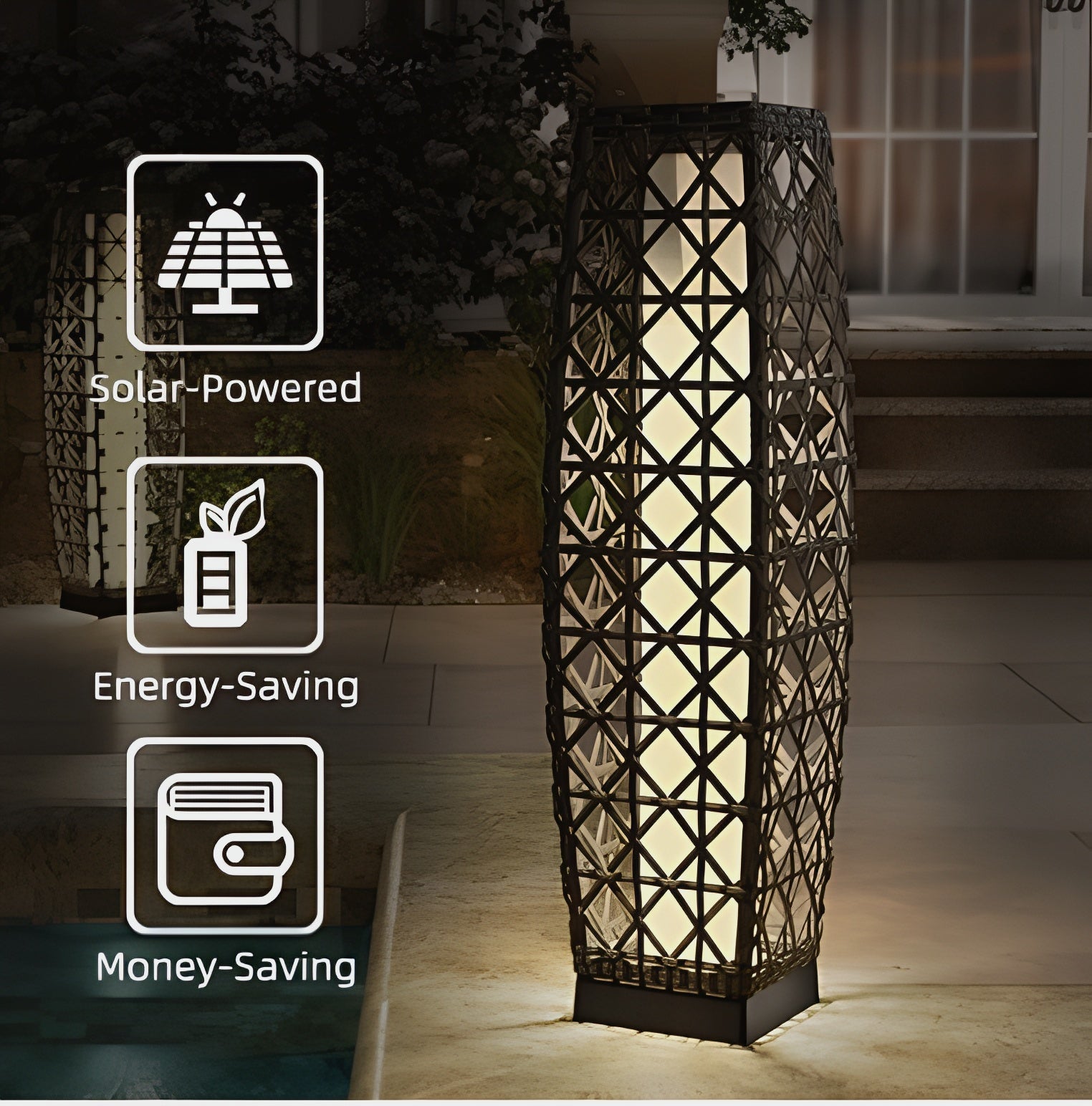 LIFERECORD Solar Powered Outdoor Floor Lamp - Automatic Woven Resin Wicker Garden Lantern, Waterproof Patio Lighting for Porch, Deck and Backyard Landscape Lighting (Large)