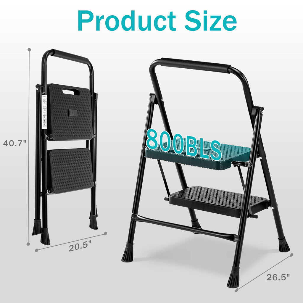 LIFERECORD Heavy Duty 800lbs 2-Step Folding Ladder, Sturdy Steel Step Stool with Wide Anti-Slip Pedals, Lightweight Portable Ladder for Home, Kitchen, Garage