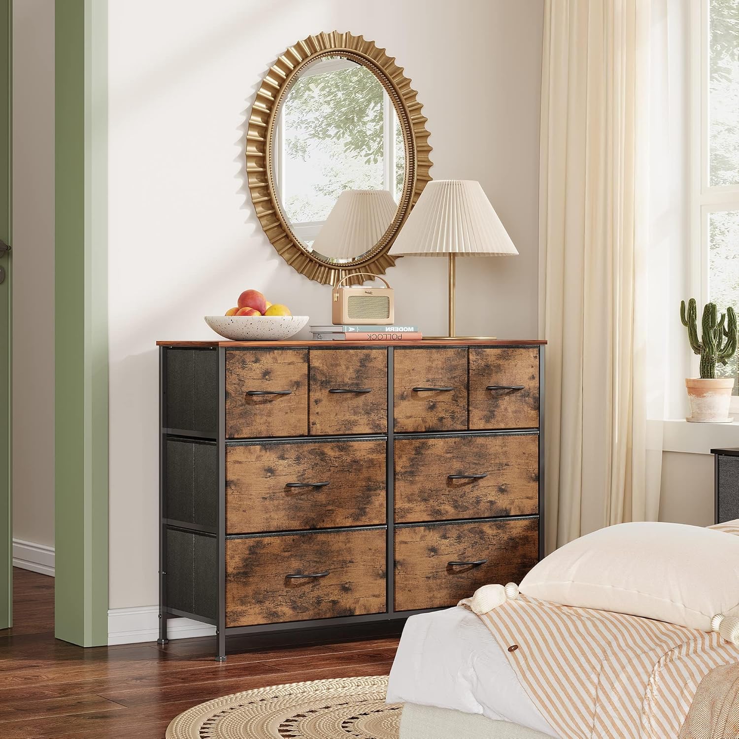 ACCVER Dresser for Bedroom 8 Storage drawer, Fabric Closet Chests Organizer Tower with Wooden Top Metal Frame for Living Room Hallway Entryway