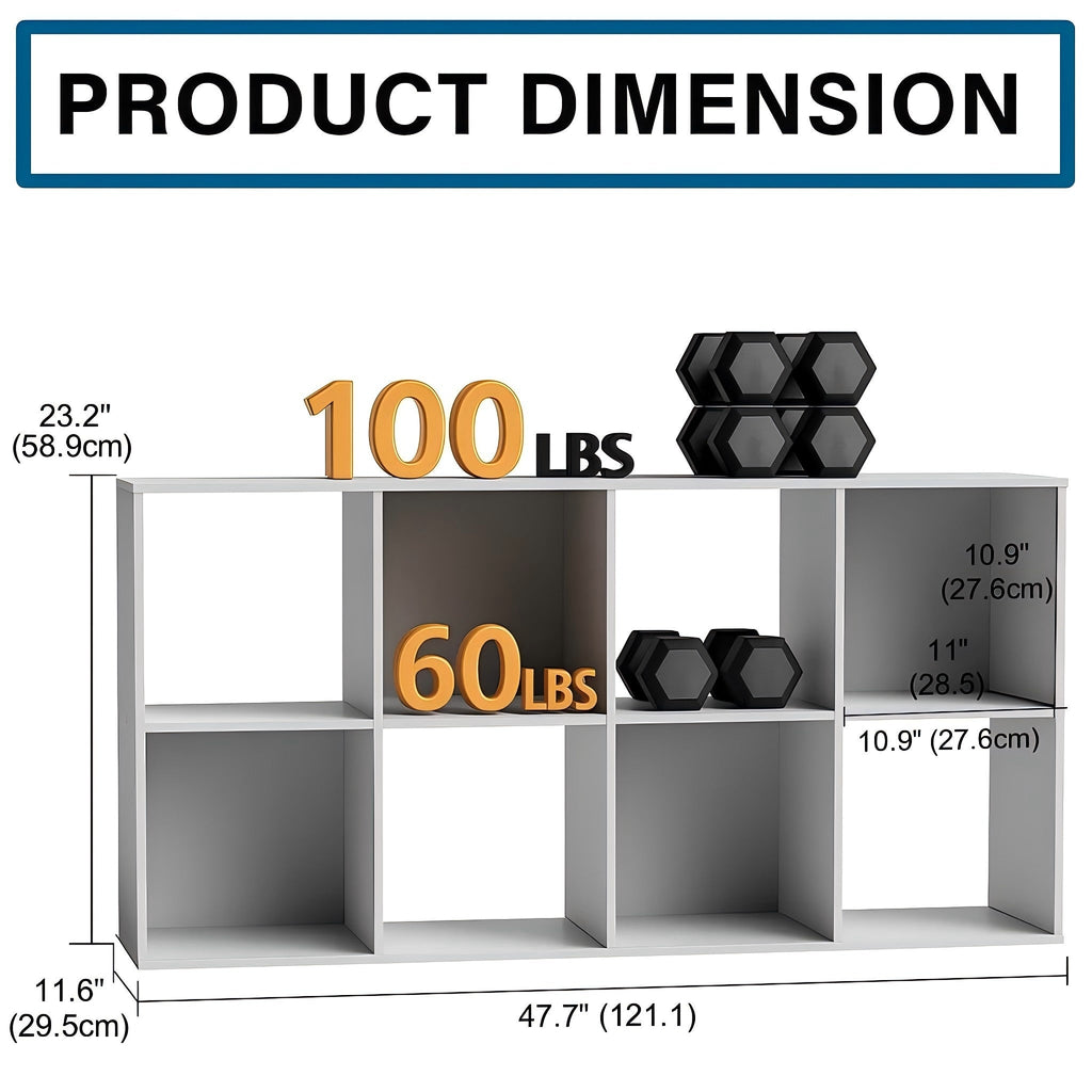 LIFERECORD 8 Cube Storage Organizer Bookshelf with 4 Removable Back Panels, Open Cube Bookcase for Living Room, Bedroom, Home Office, 47.7" L x 11.6" W x 23.2" H, White Bookcase