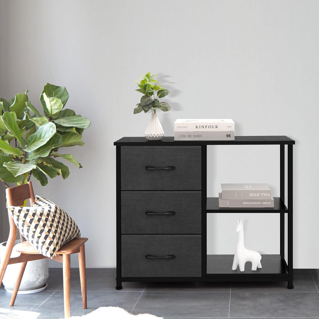ACCVER 3-Drawer Fabric Dresser with Shelves, Closet and Chest for Bedroom, Clothes Storage Organizer, for Living Room, Apartment, Dark Grey