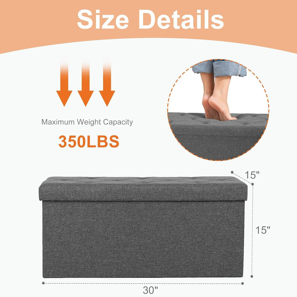 ACCVER 30 Inches Foldable Storage Ottoman Bench - 660lbs Large Padded Seat Foot Rest w/ 154L Storage Chest, for Bedroom, Living Room & Entryway, Linen Grey