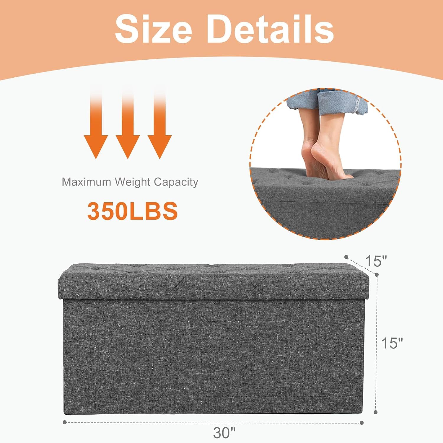 ACCVER 30 Inches Foldable Storage Ottoman Bench - 660lbs Large Padded Seat Foot Rest w/ 154L Storage Chest, for Bedroom, Living Room & Entryway, Linen Grey