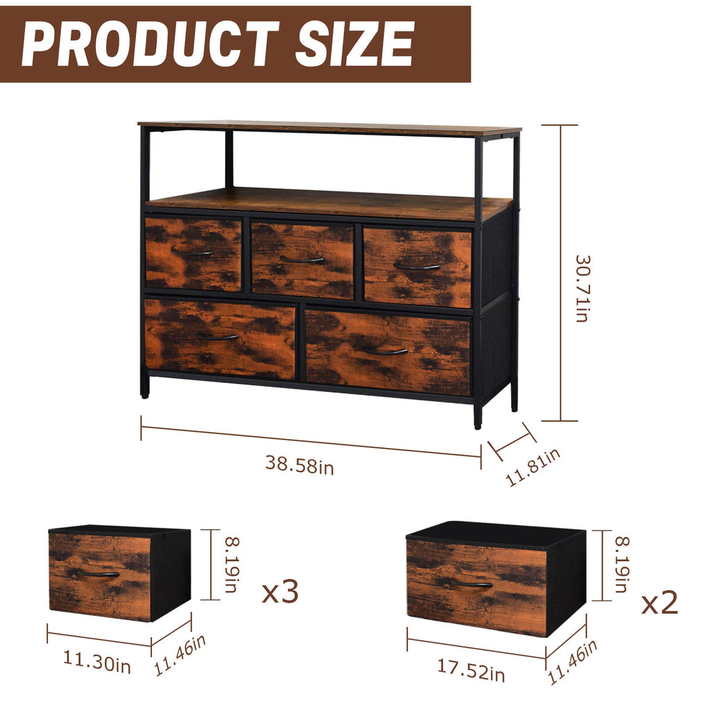 ACCVER 5-Drawer Dresser with Shelves, TV Stand with Fabric Drawers for Living Room, Closet and Chest for Bedroom & Apartment, Clothes Storage Organizer, Brown