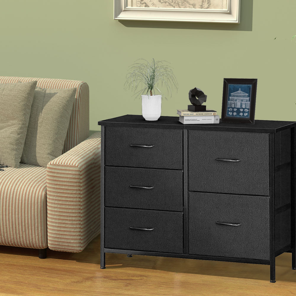 ACCVER 5-Drawer Fabric Dresser with Wood Top & Metal Frame, Closet and Chest for Bedroom, Clothes Storage Organizer, for Living Room, Apartment,Black