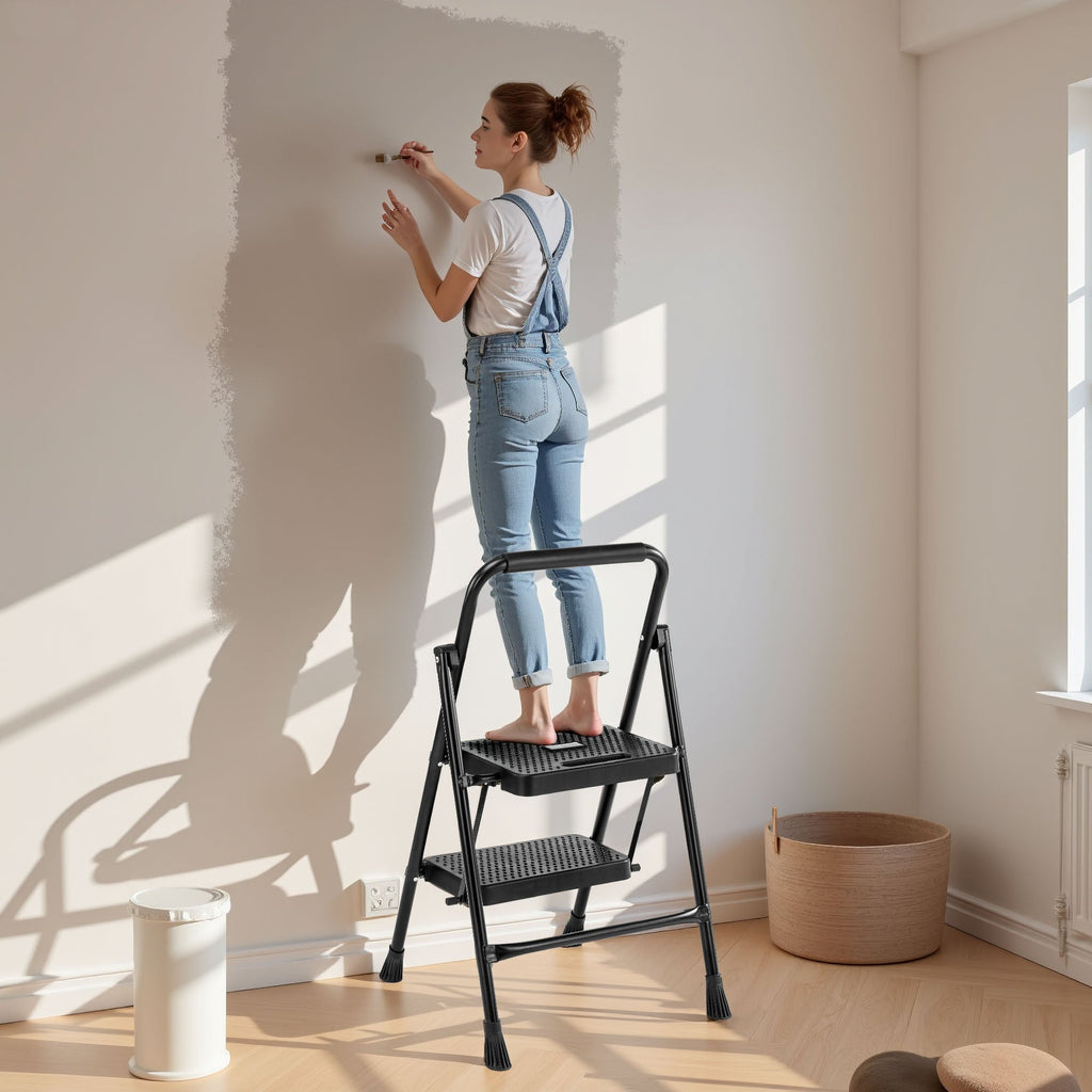 LIFERECORD Heavy Duty 800lbs 2-Step Folding Ladder, Sturdy Steel Step Stool with Wide Anti-Slip Pedals, Lightweight Portable Ladder for Home, Kitchen, Garage