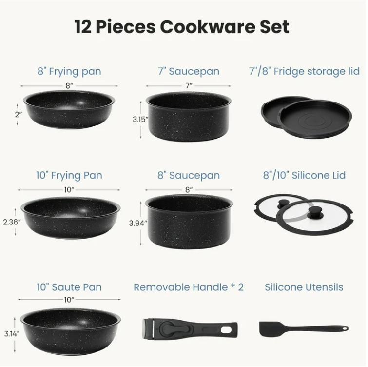 LIFERECORD 12-Piece Nonstick Pots and Pans Set, Granite Coating Cookware Set with Detachable Handle, Induction Compatible, Oven & Dishwasher Safe, Includes Frying Pans, Saucepan & Utensils Black
