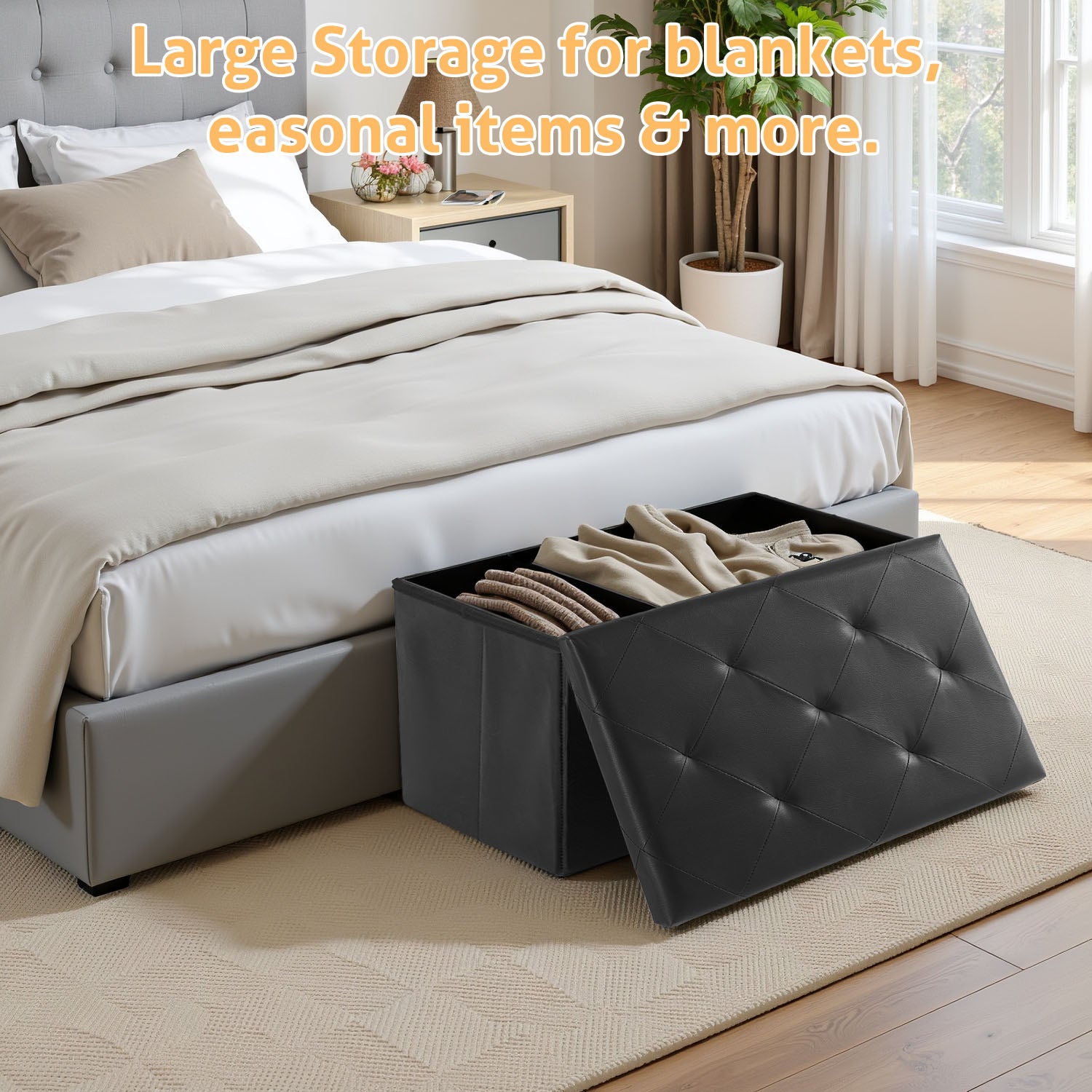 ACCVER 30" Storage Bench - Faux Leather Foldable Ottoman Upholstered Entryway Bench, 400lbs Large End of Bed Bench with Storage Chest for Bedroom, Living Room, Black