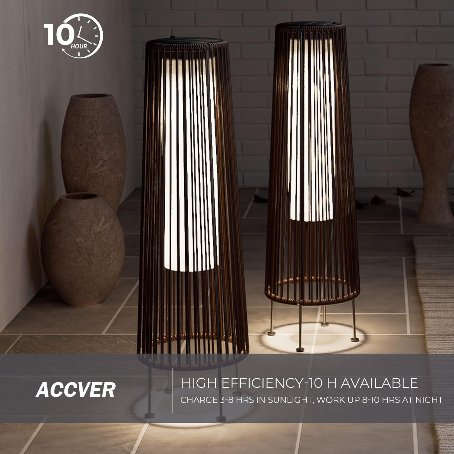 ACCVER Outdoor Floor Lamp 2-Pack, All-Weather Wicker Outdoor Solar Floor Lights, Waterproof, Dark Brown