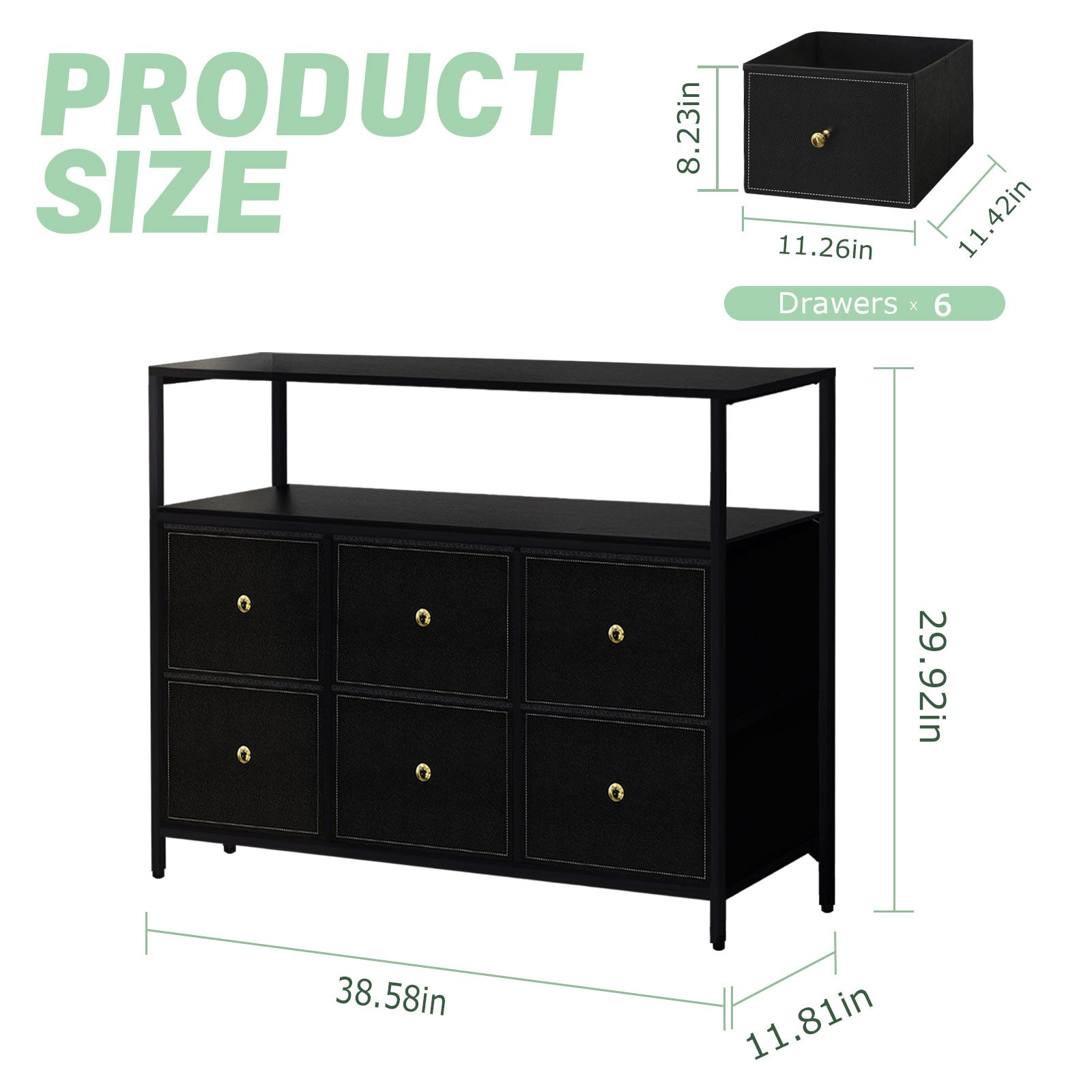 ACCVER 6-Drawer Dresser with Shelves, TV Stand with Fabric Drawers for Living Room, Closet and Chest for Bedroom & Apartment, Clothes Storage Organizer, Black