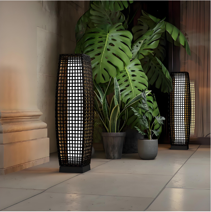 LIFERECORD Solar Powered Outdoor Floor Lamp - Waterproof Wicker Deck Lighting for Patio Garden Porch, Automatic Weather Resistant Solar Lantern, Easy Use No Wiring Needed
