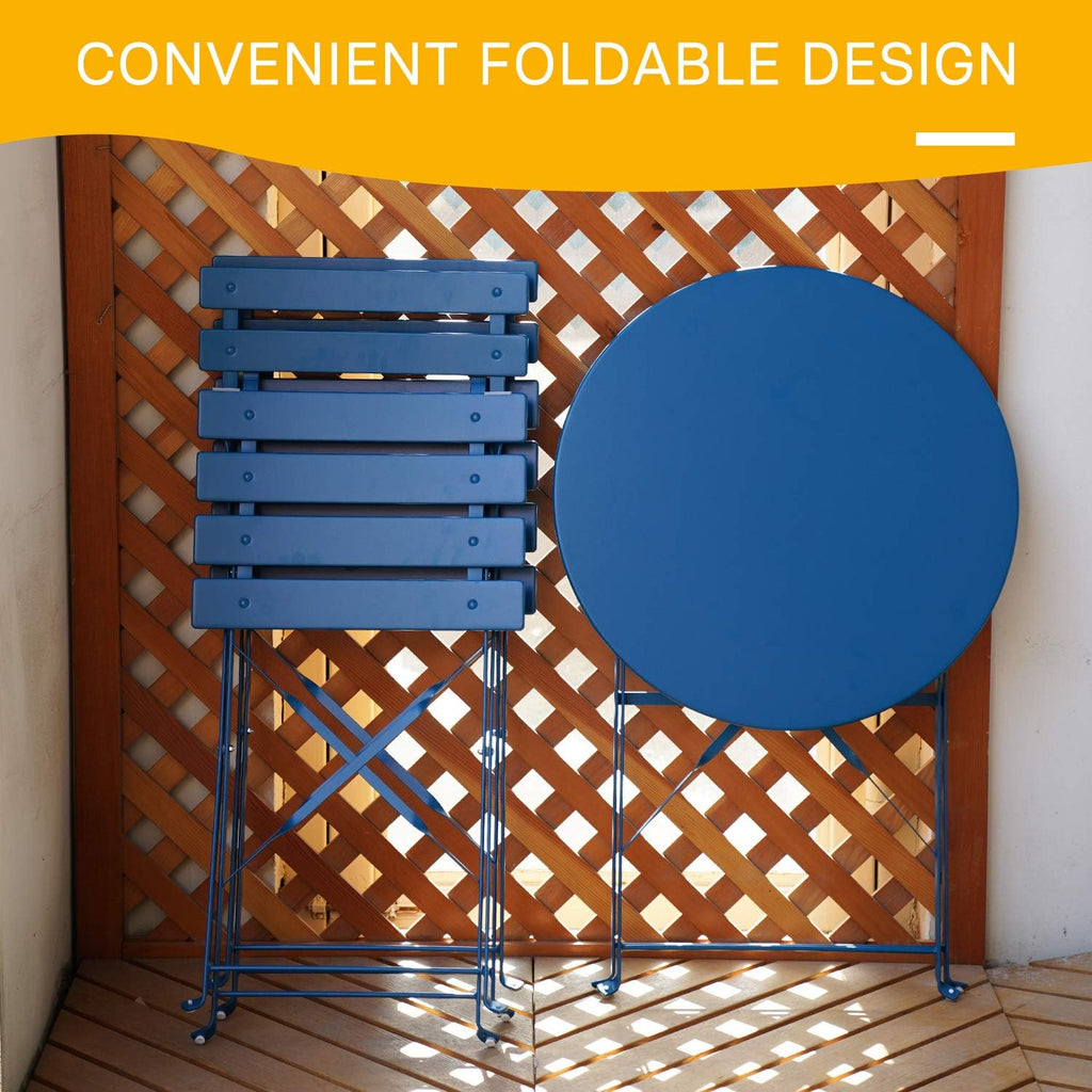 3-Piece Folding Bistro Set, 2 Chairs and 1 Table, Weather-Resistant Outdoor Indoor Conversation Set for Patio, Yard, Blue