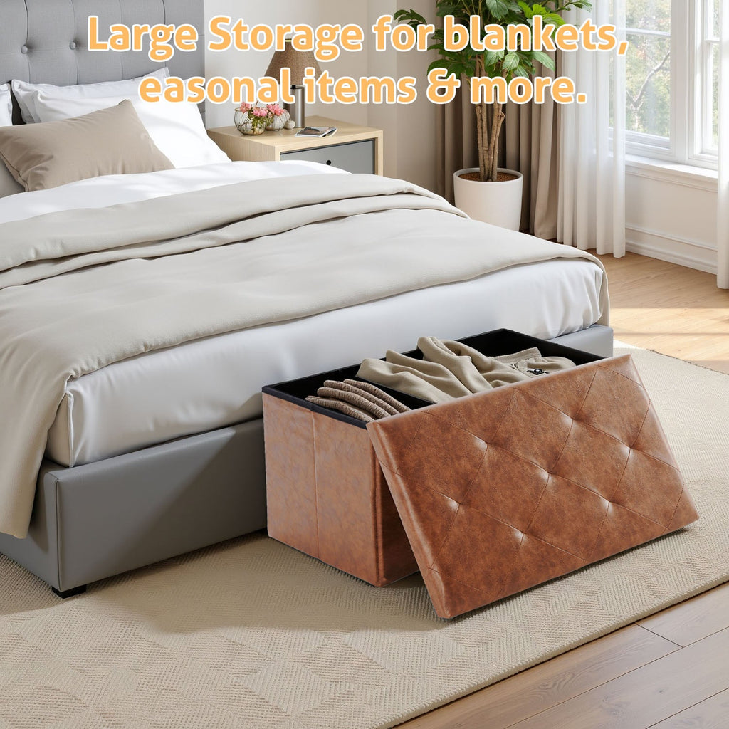 ACCVER 30" Storage Bench - Faux Leather Foldable Ottoman Upholstered Entryway Bench, 400lbs Large End of Bed Bench with Storage Chest for Bedroom, Living Room, Brown