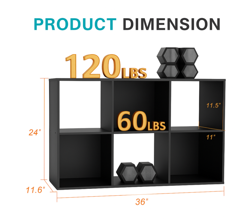 LIFERECORD 6 Cube Storage Organizer, 11x11 Cube Bookshelf with 3 Removable Back Panels, Open Cube Shelf for Living Room, Bedroom, Home Office, Kids Room, 35.9" L x 11.6" W x 23.2" H Black