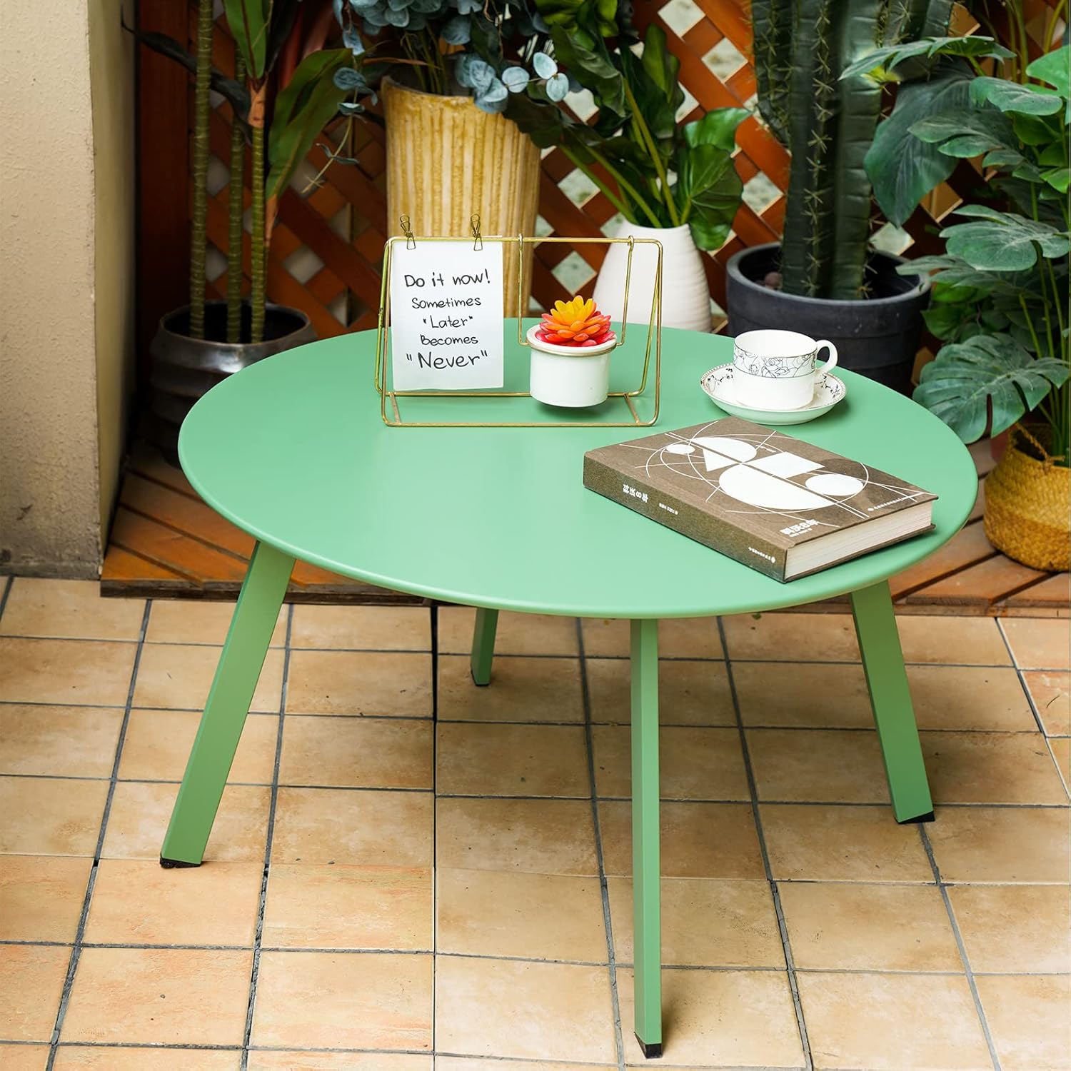 ACCVER 28 Inch Round Outdoor Coffee Table - Weatherproof Steel Patio Side Table for Deck, Backyard Outdoor & Indoor Use, Green