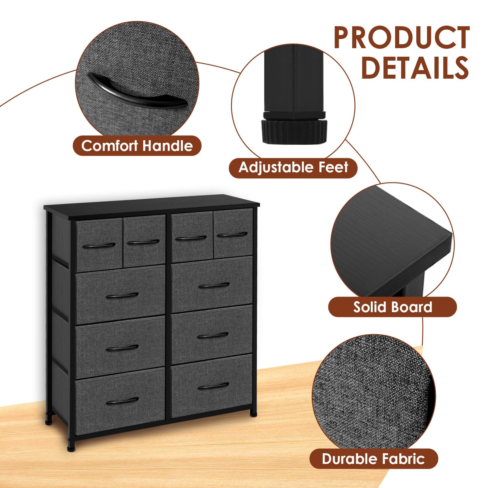 ACCVER Dresser for Bedroom 10 Storage drawer, Fabric Closet Chests Organizer Tower with Wooden Top Metal Frame for Living Room Hallway Entryway