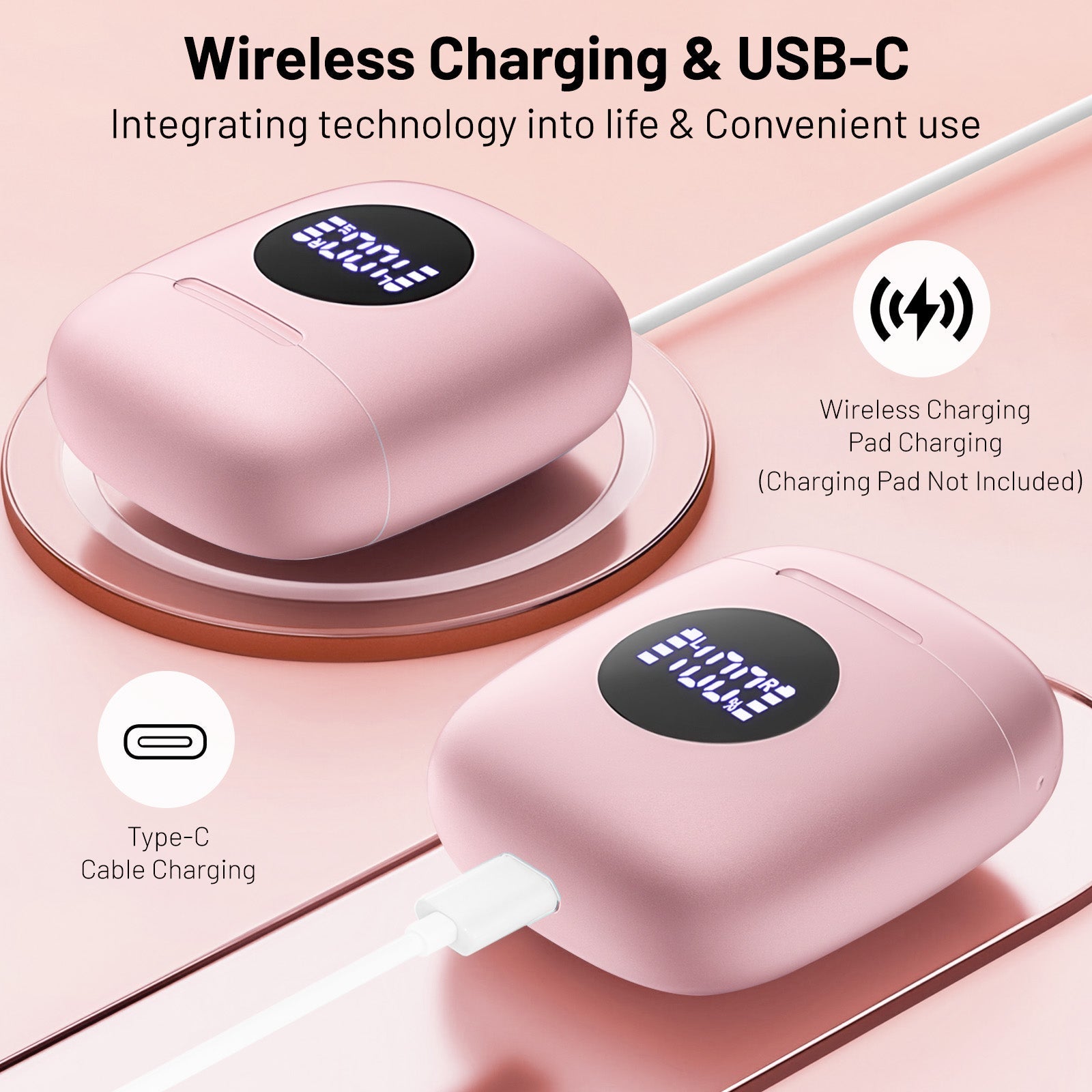 Wireless Headphones with 40Hrs Battery Life, Deep Bass, Wireless Charging Case, LED Display, Waterproof Mic - For Phone, Tablet, TV