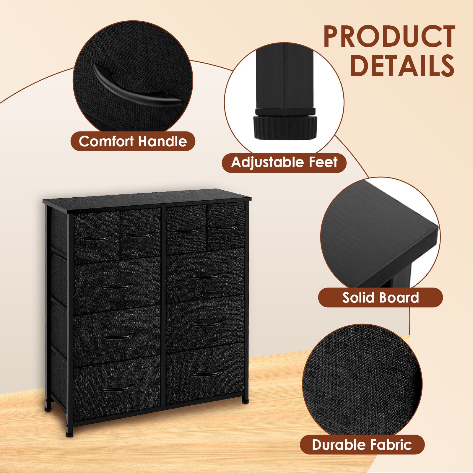 ACCVER Dresser for Bedroom 10 Storage drawer, Fabric Closet Chests Organizer Tower with Wooden Top Metal Frame for Living Room Hallway Entryway