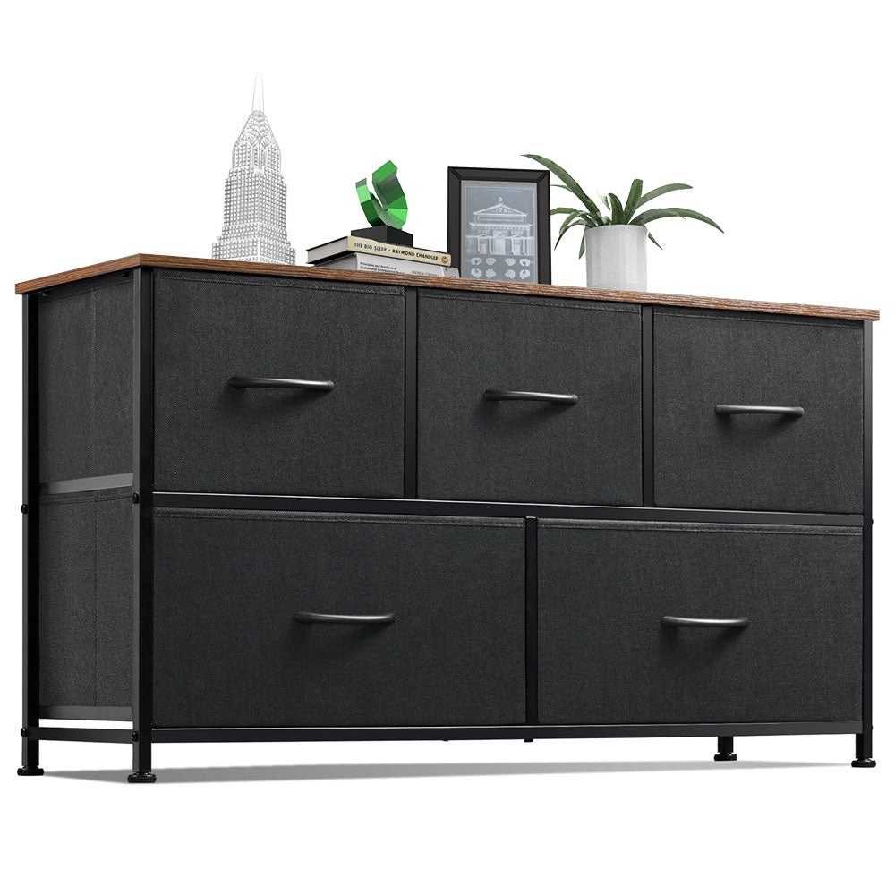ACCVER 5-Drawer Fabric Dresser for Bedroom, Wood Top TV Stand, Closet and Chest, Clothes Storage Organizer, for Living Room, Apartment, Black