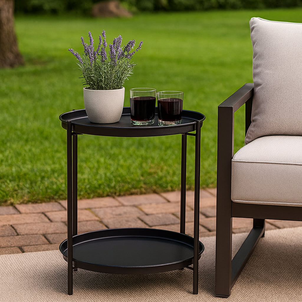 LIFERECORD 2-Tier Round Metal End Table with Removable Tray – Small Space-Saving Side Table for Living Room, Bedroom, Balcony, Patio, Black