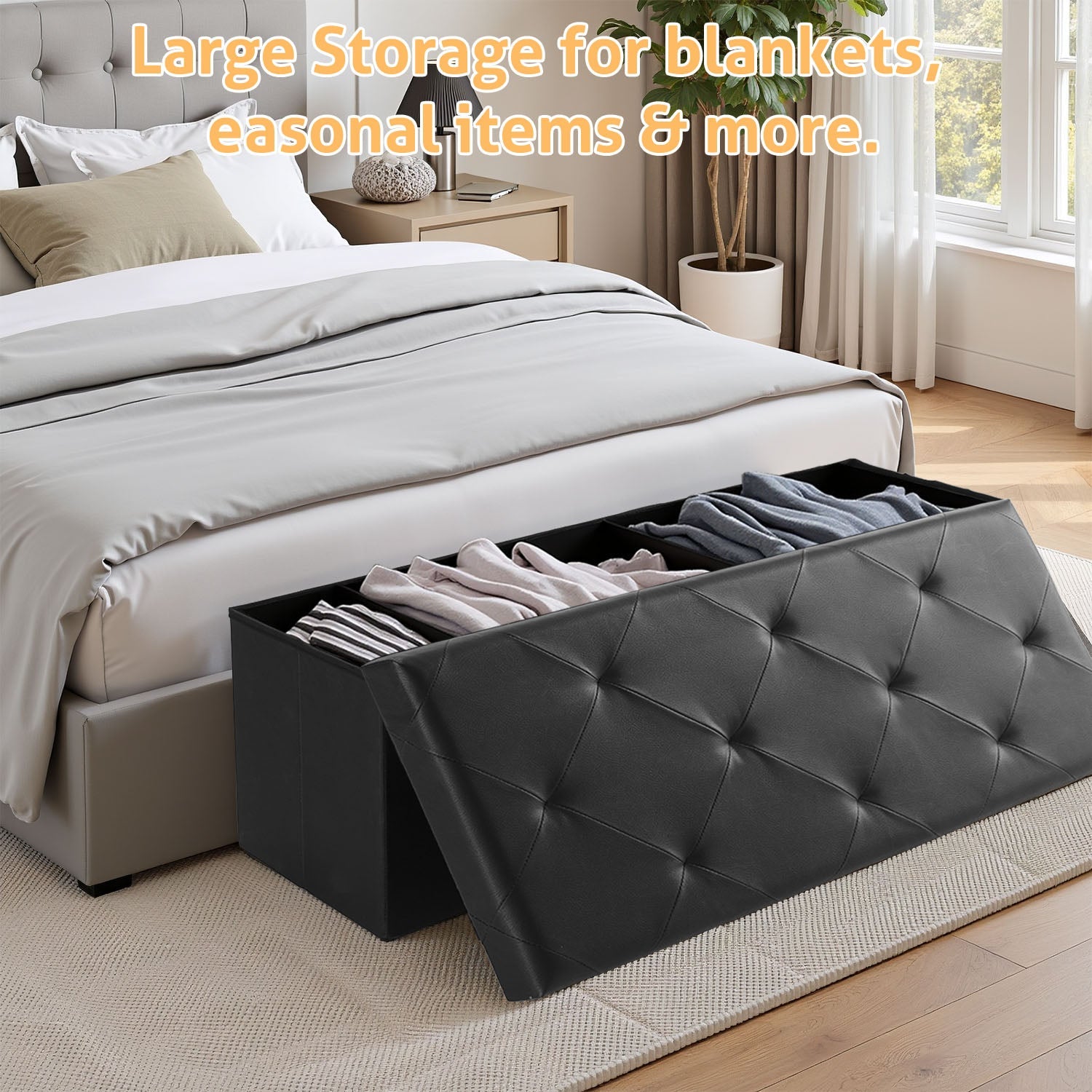 ACCVER 43" Storage Bench - Faux Leather Foldable Ottoman Upholstered Entryway Bench, 660lbs Large End of Bed Bench with Storage Chest for Bedroom, Living Room, Black