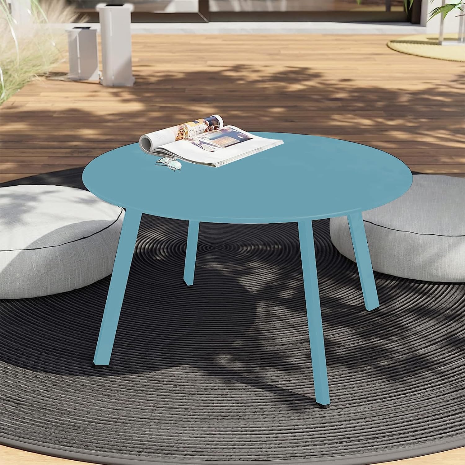 ACCVER 28 Inch Round Outdoor Coffee Table - Weatherproof Steel Patio Side Table for Deck, Backyard Outdoor & Indoor Use, Blue