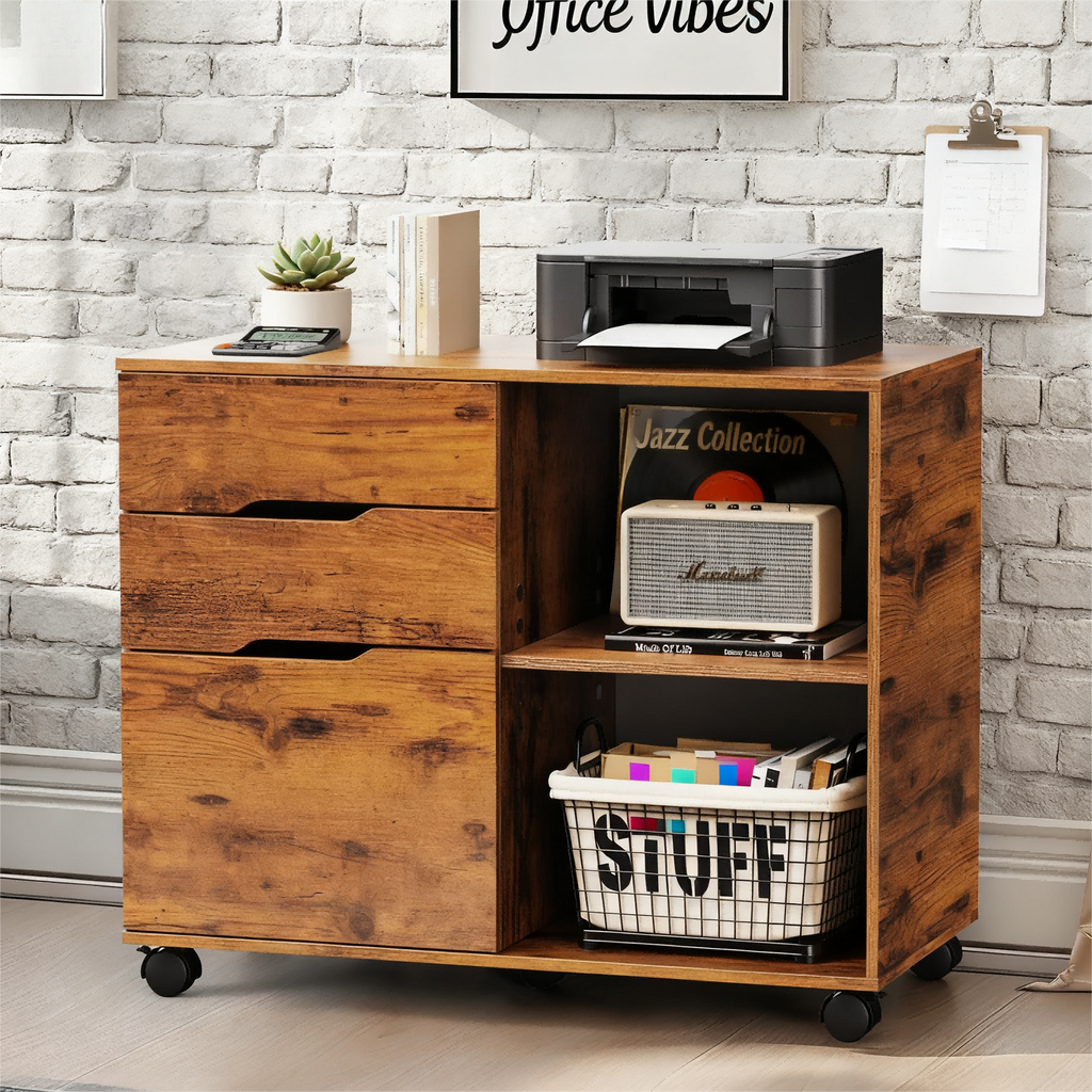 LIFERECORD 3-Drawer Lateral File Cabinet with Wheels, Mobile Rolling File Cabinet with Adjustable Shelf, Printer Stand for Home Office, Under Desk Storage Organizer, Wood Filing Cabinet Rustic Brown
