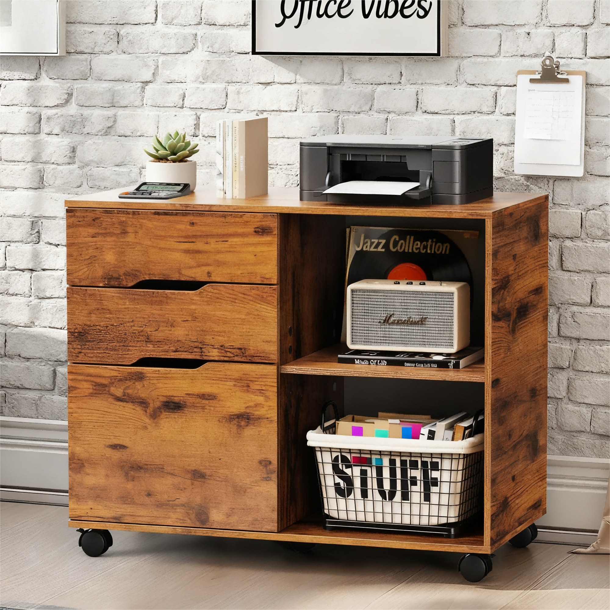 LIFERECORD 3-Drawer Lateral File Cabinet with Wheels, Mobile Rolling File Cabinet with Adjustable Shelf, Printer Stand for Home Office, Under Desk Storage Organizer, Wood Filing Cabinet Rustic Brown