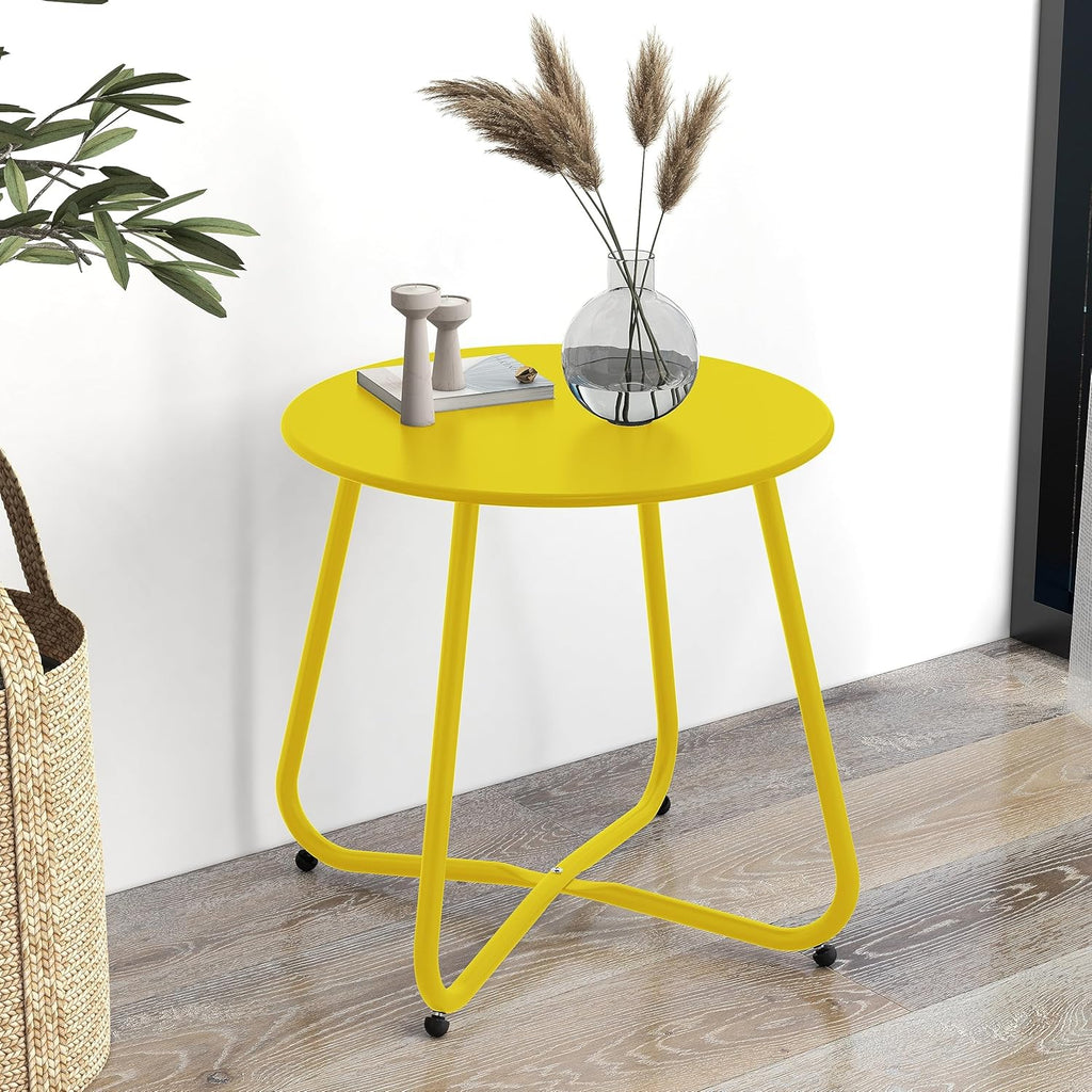 ACCVER Outdoor Side Table, 18-inch Small Round Side Snack Table with Adjustable Feet, Anti-Rust Metal End Accent Table for Patio Porch Balcony, Yellow